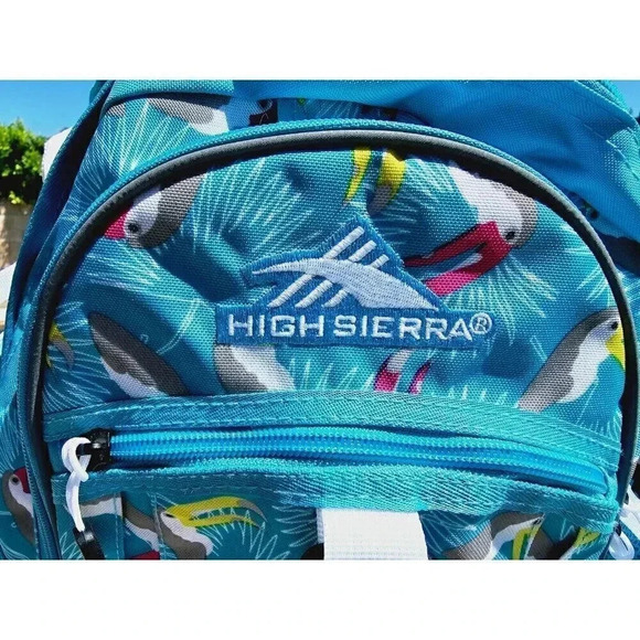 High Sierra Aqua Blue Fat Boy Toucan Tropical Over The Shoulder Logo Backpack - Picture 3 of 15